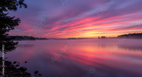 Serene Pink and Purple Sunrise over Misty Lake with Forest Reflections