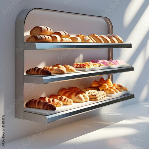 A two-sided adjustable gondola shelf displaying bakery items.