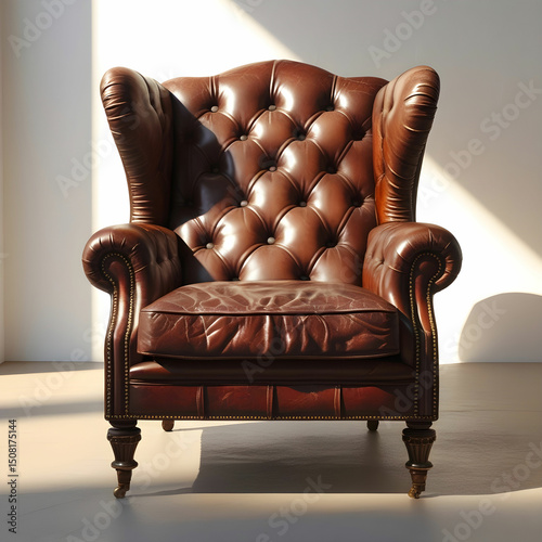 A vintage brown leather armchair with a button-tufted backrest and rolled arms.