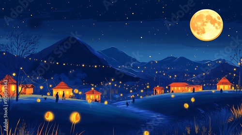 A serene mountain village bathed in the moonlight.