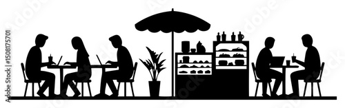 cafe scene vector illustration with people dining in silhouette style