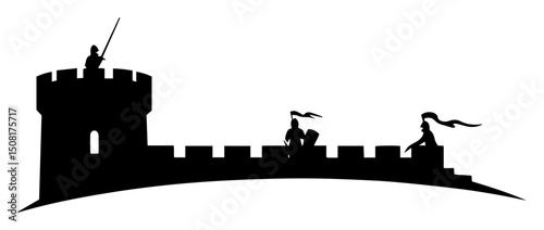 castle wall with knights in medieval silhouette style
