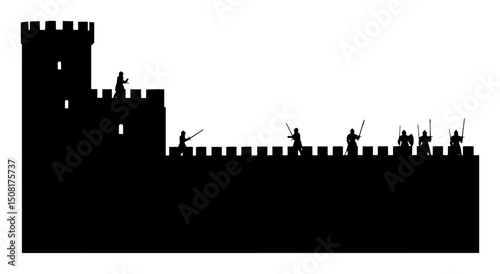 castle siege battle scene in medieval silhouette style