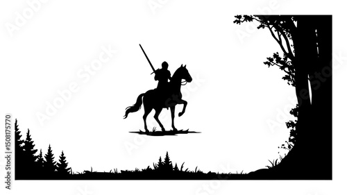 knight on horseback in forest scene silhouette illustration
