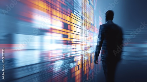 Businessman Walking Towards Futuristic Digital Wall of Data, Information Technology Interface, Tech Innovation, Corporate Strategy, Modern Business Environment, Digital Transformation