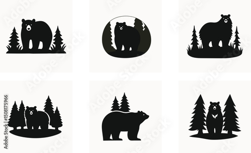 Black Bear Silhouettes Forest Animal Vector Graphics