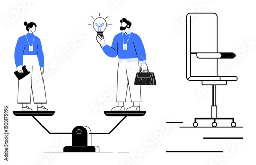 Two businesspeople standing on a seesaw, one holding a lightbulb symbolizing ideas, and the other with a briefcase, representing work balance. Ideal for teamwork, leadership, equality
