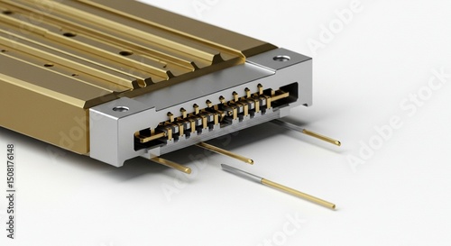 Close-up of a gold-toned electronic component with numerous metallic pins and wires