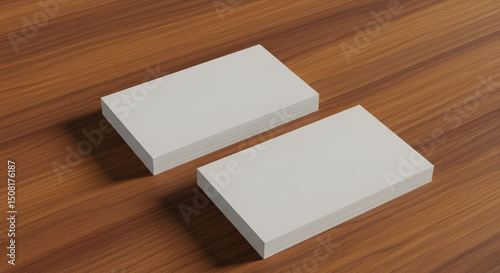 Two stacks of blank business cards on a wood table, showcasing a clean and professional design for mock-up use. Ideal for showcasing branding and marketing materials.