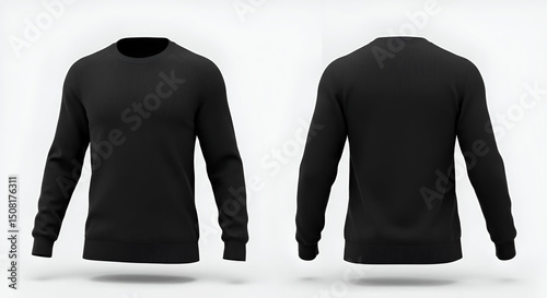 Black men's crew neck long-sleeve sweatshirt displayed from front and back views. Blank design for branding or customization in a studio setting.