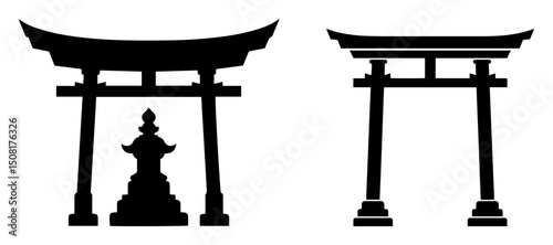 japanese torii gates and stone lantern silhouette vector