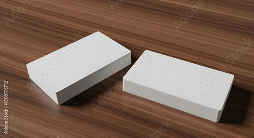 Two stacks of blank business cards, angled on a wooden table, ready for customization. Perfect for advertising or editorial use.