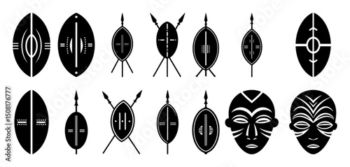 african tribal shields and masks silhouette vector shape black engraving laser cutting