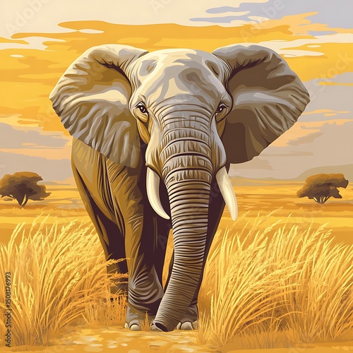 Majestic elephant in a golden savanna landscape.