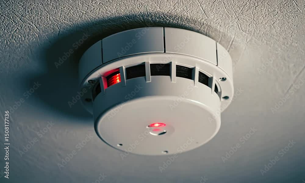 A ceiling-mounted smoke detector with a blinking red light, indicating potential smoke presence in a home environment