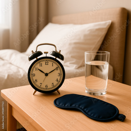 Close-up of a warmly lit bedside table in a cozy bedroom, featuring a vintage alarm clock, a silk sleep mask, and a clear glass of water, with soft shadows and a peaceful ambiance.