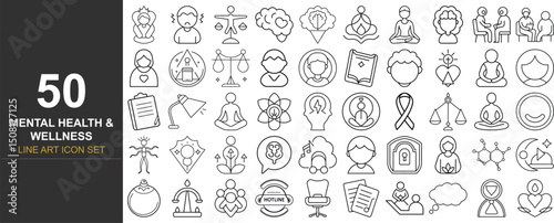 50 Minimal Line Art Icons Representing Mental Health Concepts Such as Counseling, Emotional Awareness, Thought Management, Therapy Sessions, and Psychological Wellbeing for Digital and Print Projects