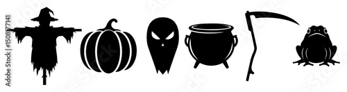halloween icons scarecrow pumpkin alien cauldron frog silhouette vector shape black engraving laser cutting