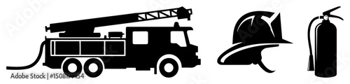 firefighting equipment and fire truck black silhouette shape vector