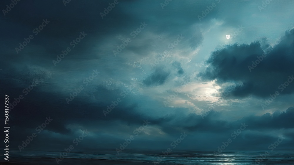 Fototapeta premium Night seascape with moonlight shining through dramatic clouds over ocean for background wallpaper image