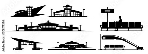 airport terminals and infrastructure icons black silhouette shape vector