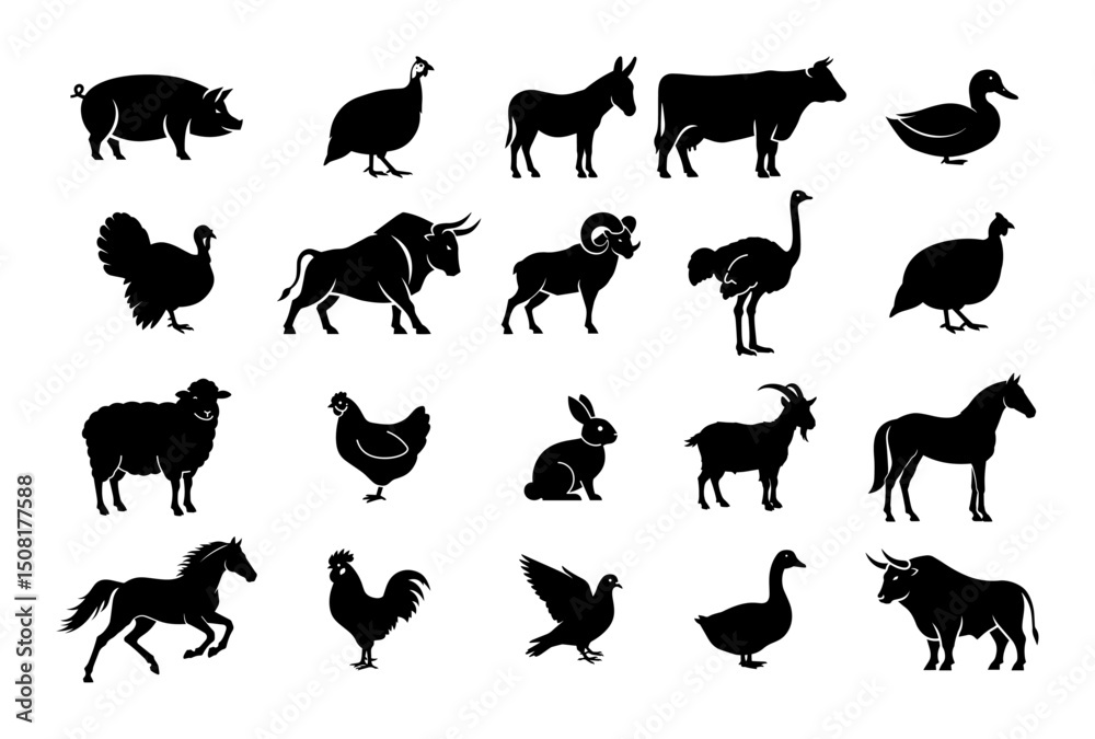 Naklejka premium farm animals and birds collection black silhouette shape vector