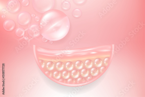 Hyaluronic acid and Niacinamide hair and skin solutions ad, pink collagen serum drops into skin cell with cosmetic advertising background ready to use, illustration vector.	