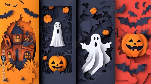 Halloween themed paper cutouts of ghosts and pumpkins.