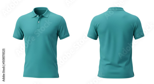 Teal polo shirt for men, front and back views, displayed on a white background. Blank, uniform apparel item for personalization or branding, professional use in corporate settings or casual wear.