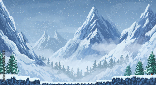 Snowy Mountain Pixel Background with Pines, Fog, and Falling Snow in Side-Scrolling Style