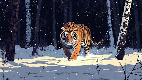 Majestic tiger in a snowy forest.