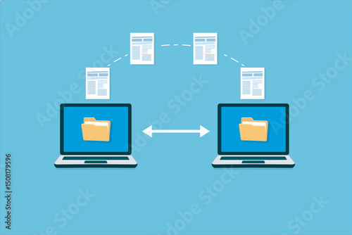 Illustration set depicts a digital file transfer concept between two laptops, featuring documents and folders moving in a seamless flow.