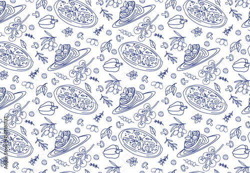 Seamless pattern featuring hand drawn illustrations of Italian food elements including pizza, pasta, tomatoes, mushrooms and olives in blue and white color scheme. Perfect for culinary themed projects