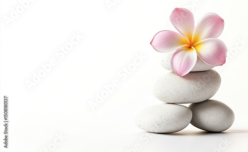 Stacked stones with a pink flower on a white background