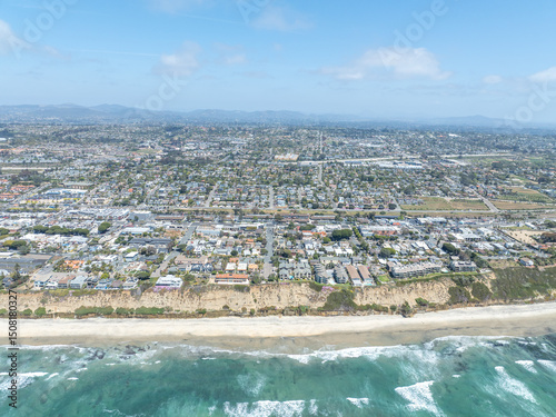 Aerial view of wealthy Encinitas town with blue ocean in San Diego, South California, USA. 