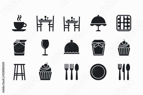 Simple Black and White Restaurant Icons Set