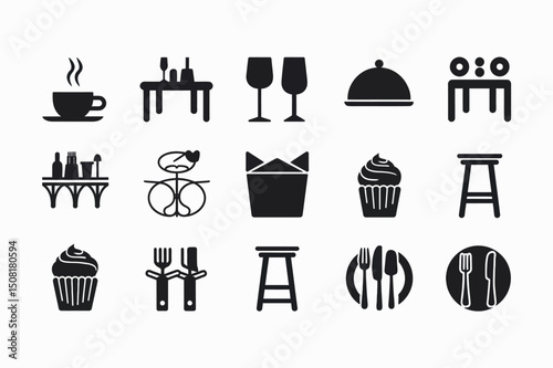 Simple Black and White Restaurant Icons Set