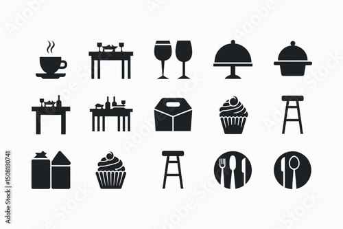 Simple Black and White Restaurant Icons Set