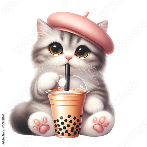 kawaii white cat drinking a boba tea isolated on transparent background, Generative AI