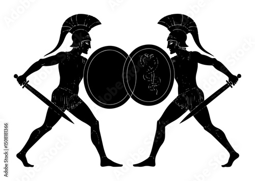 ancient greek warriors fighting with shields and spears silhouette