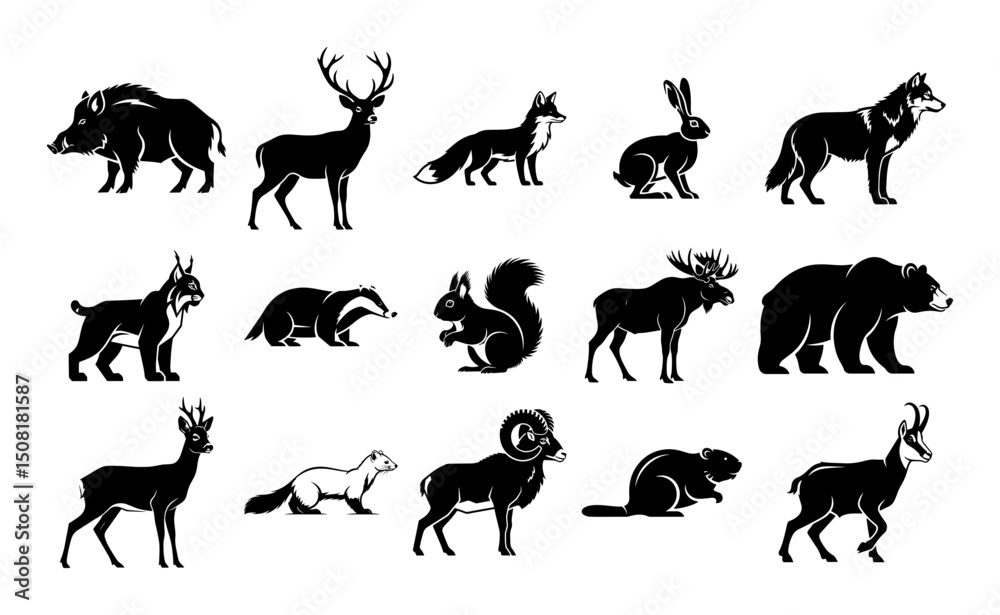 Fototapeta premium wild forest animals silhouettes collection vector
