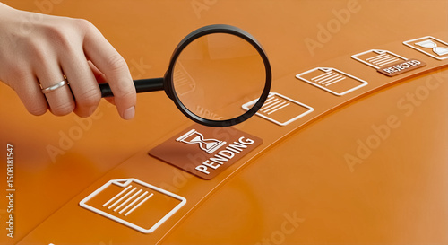 Magnifying glass examining pending status on document review