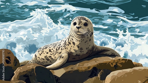Harbor seal resting on coastal rocks.