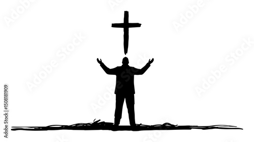 man praying under cross silhouette vector