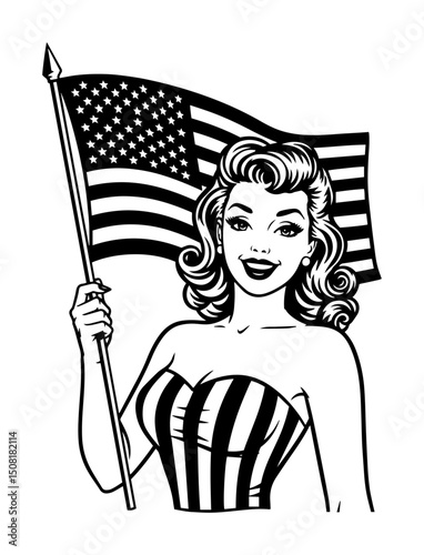 pin up woman holding american flag vector illustration