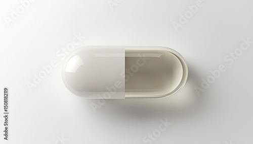 A light beige/off-white capsule pill, split open, displayed on a white background