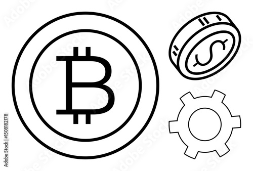 Bitcoin token alongside a dollar coin and gear icon symbolizing blockchain, cryptocurrency, technology innovation, and financial systems. Ideal for fintech, blockchain, cryptocurrency, finance