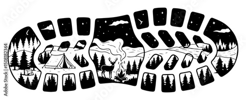 hiking boot print with landscape silhouette vector