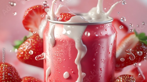 Pink drink can with splashing milk and strawberries.
