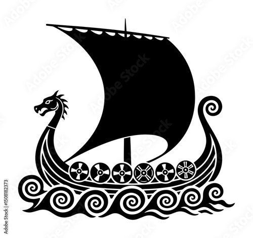 viking ship with shields and sail vector illustration